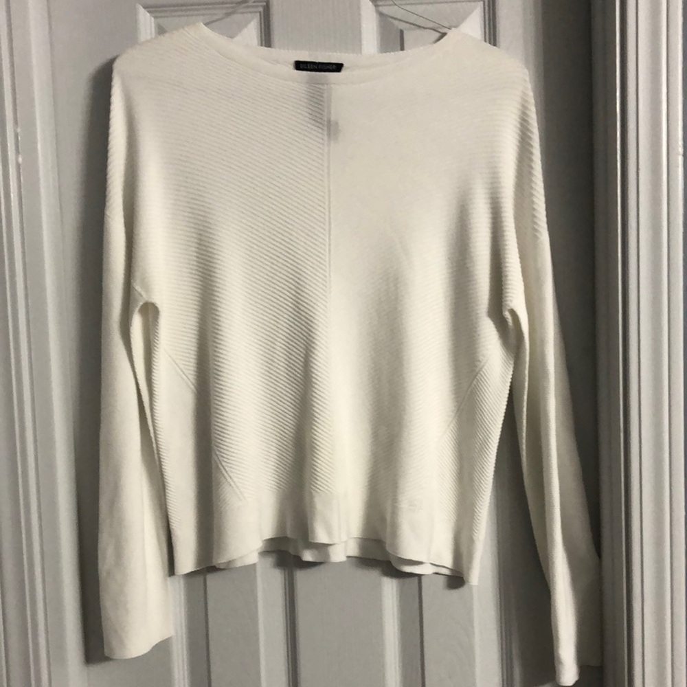 Eileen Fisher Lightweight Knit Boatneck Oversized Sweater in Cream Size Small